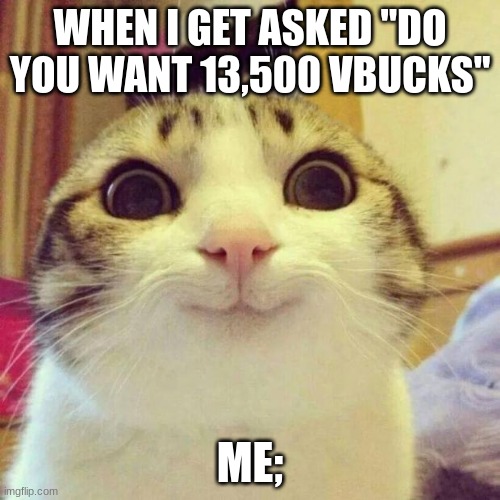 Smiling Cat Meme | WHEN I GET ASKED "DO YOU WANT 13,500 VBUCKS"; ME; | image tagged in memes,smiling cat | made w/ Imgflip meme maker