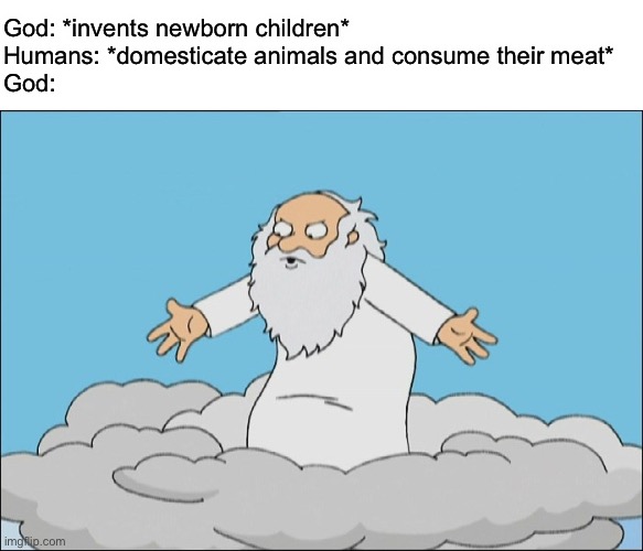 This is the future vegans want | God: *invents newborn children* 
Humans: *domesticate animals and consume their meat* 
God: | image tagged in angry god family guy | made w/ Imgflip meme maker