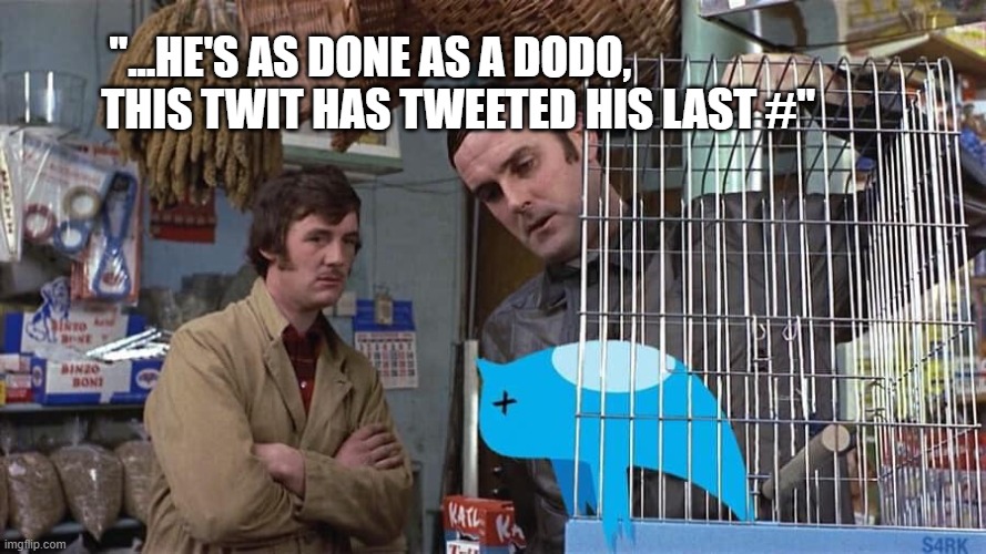 Dead Twitter Shop | "...HE'S AS DONE AS A DODO,                     THIS TWIT HAS TWEETED HIS LAST #" | image tagged in twitter dead,musk killed twitter,monty python dead parrot,humor,satire | made w/ Imgflip meme maker