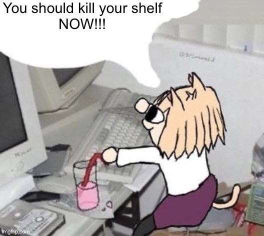 I hate shelves | You should kill your shelf
NOW!!! | image tagged in racist neco arc | made w/ Imgflip meme maker