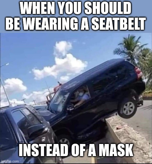 Too much co2 | WHEN YOU SHOULD BE WEARING A SEATBELT; INSTEAD OF A MASK | image tagged in bad drivers,mask,wearing,idiots | made w/ Imgflip meme maker