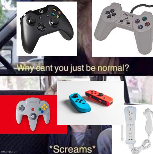 Nintendo Switch controllers :skull: | image tagged in why can't you just be normal | made w/ Imgflip meme maker