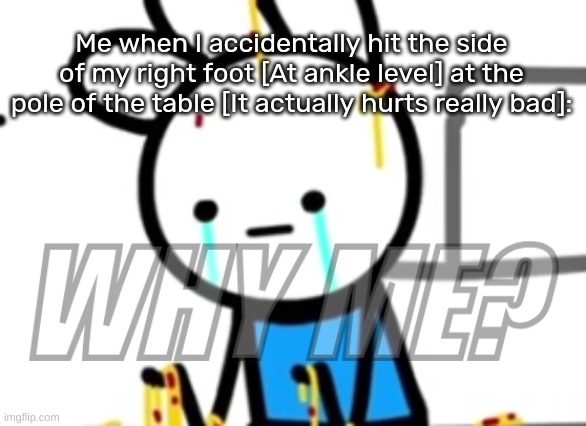 [And yes, it actually happened rn as we speak] [Pain Intensifies] | Me when I accidentally hit the side of my right foot [At ankle level] at the pole of the table [It actually hurts really bad]: | image tagged in why me,idk,stuff,s o u p,carck | made w/ Imgflip meme maker