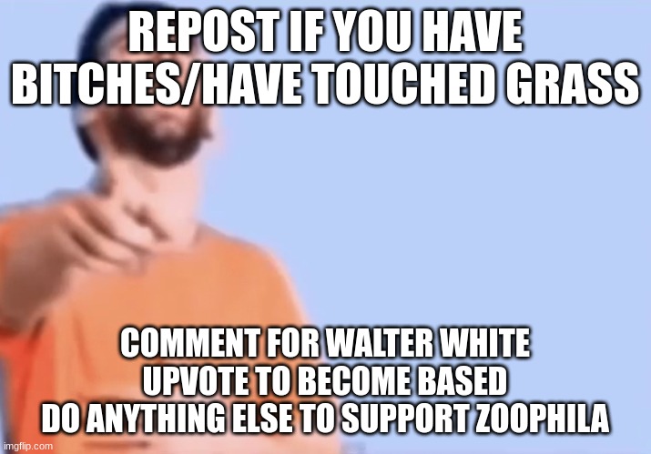 https://www.youtube.com/watch?v=yH3OeLbZfqA <-- Good song | REPOST IF YOU HAVE BITCHES/HAVE TOUCHED GRASS; COMMENT FOR WALTER WHITE
UPVOTE TO BECOME BASED
DO ANYTHING ELSE TO SUPPORT ZOOPHILA | made w/ Imgflip meme maker