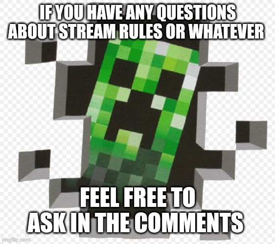 I will answer any questions and explain anything you need explained | IF YOU HAVE ANY QUESTIONS ABOUT STREAM RULES OR WHATEVER; FEEL FREE TO ASK IN THE COMMENTS | image tagged in minecraft creeper | made w/ Imgflip meme maker