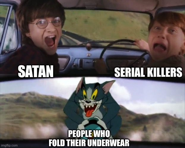 WHO EVEN DOES THAT?!?! | SERIAL KILLERS; SATAN; PEOPLE WHO FOLD THEIR UNDERWEAR | image tagged in tom chasing harry and ron weasly,memes,funny,underwear,how,why would they do this | made w/ Imgflip meme maker