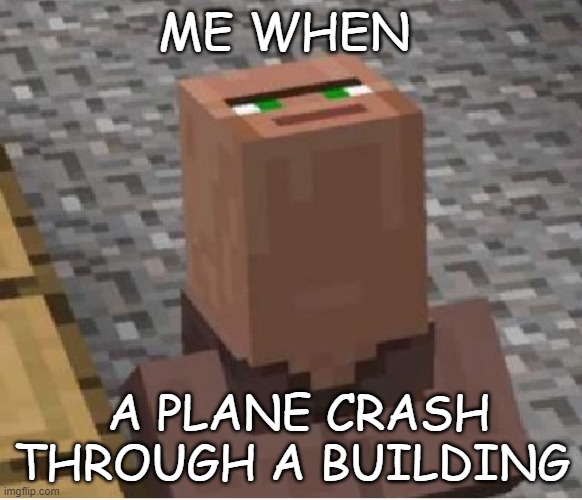 I love to see planes | ME WHEN; A PLANE CRASH THROUGH A BUILDING | image tagged in minecraft villager looking up | made w/ Imgflip meme maker