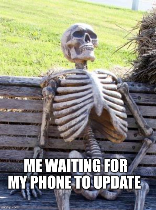 First meme | ME WAITING FOR MY PHONE TO UPDATE | image tagged in memes,waiting skeleton | made w/ Imgflip meme maker