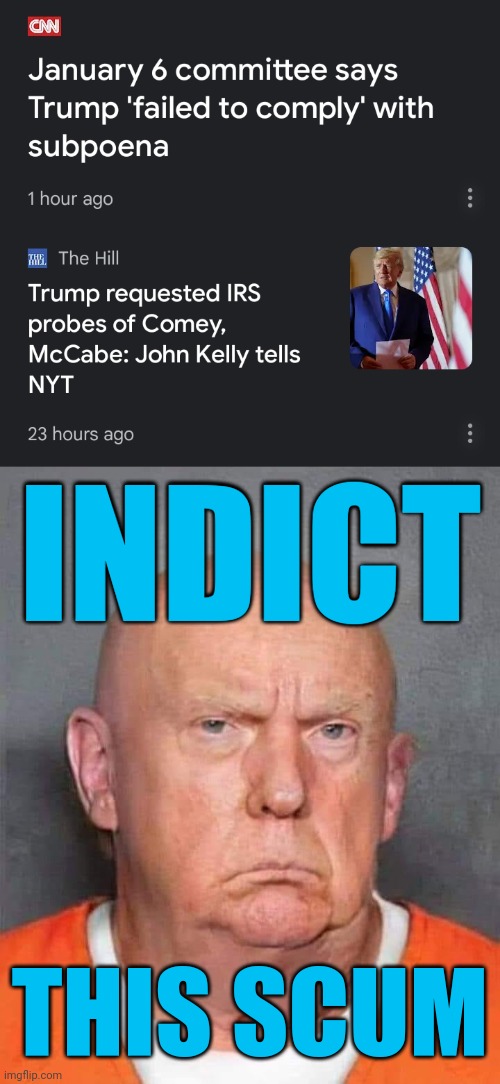 INDICT; THIS SCUM | image tagged in criminal trump,liar trump,rapist trump,traitor trump,trumpscum,end him | made w/ Imgflip meme maker