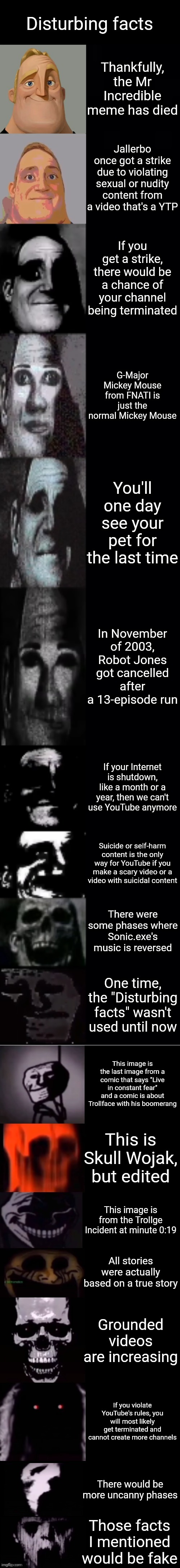 Disturbing facts 4 | Disturbing facts; Thankfully, the Mr Incredible meme has died; Jallerbo once got a strike due to violating sexual or nudity content from a video that's a YTP; If you get a strike, there would be a chance of your channel being terminated; G-Major Mickey Mouse from FNATI is just the normal Mickey Mouse; You'll one day see your pet for the last time; In November of 2003, Robot Jones got cancelled after a 13-episode run; If your Internet is shutdown, like a month or a year, then we can't use YouTube anymore; Suicide or self-harm content is the only way for YouTube if you make a scary video or a video with suicidal content; There were some phases where Sonic.exe's music is reversed; One time, the "Disturbing facts" wasn't used until now; This image is the last image from a comic that says "Live in constant fear" and a comic is about Trollface with his boomerang; This is Skull Wojak, but edited; This image is from the Trollge Incident at minute 0:19; All stories were actually based on a true story; Grounded videos are increasing; If you violate YouTube's rules, you will most likely get terminated and cannot create more channels; There would be more uncanny phases; Those facts I mentioned would be fake | image tagged in mr incredible becoming uncanny 1st extension,mr incredible becoming canny,disturbing,facts,memes,funny | made w/ Imgflip meme maker