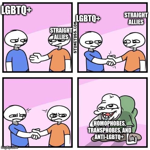 This is an edited repost. Also anti LGBTQ members should get no rights | LGBTQ+; STRAIGHT ALLIES; STRAIGHT ALLIES; LGBTQ+; HOMOPHOBES, TRANSPHOBES, AND ANTI-LGBTQ+ | image tagged in handshake,lgbt,gay rights | made w/ Imgflip meme maker