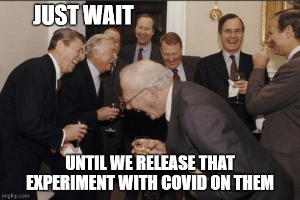 We run shit. | JUST WAIT; UNTIL WE RELEASE THAT EXPERIMENT WITH COVID ON THEM | image tagged in memes,laughing men in suits | made w/ Imgflip meme maker