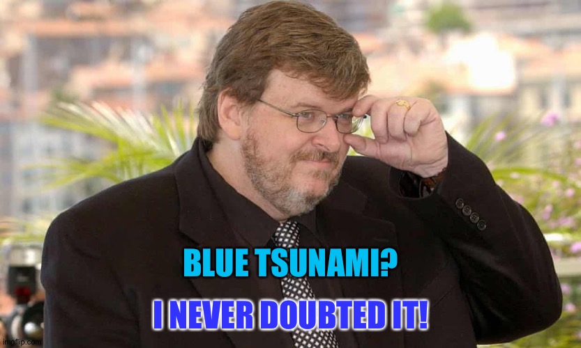 Michael Moore called it. | I NEVER DOUBTED IT! BLUE TSUNAMI? | image tagged in michael moore | made w/ Imgflip meme maker
