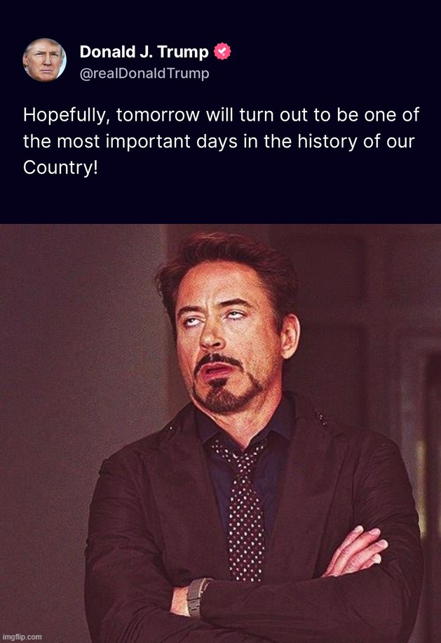 Robert Downey Jr. eyeroll: A whole mood | image tagged in donald trump presidential announcement eyeroll,robert downey jr annoyed,donald trump,trump is an asshole,trump is a moron,2022 | made w/ Imgflip meme maker