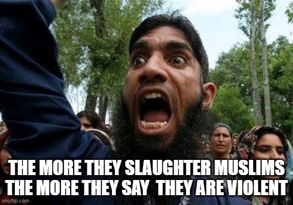 Angry Muslim | THE MORE THEY SLAUGHTER MUSLIMS THE MORE THEY SAY  THEY ARE VIOLENT | image tagged in angry muslim | made w/ Imgflip meme maker