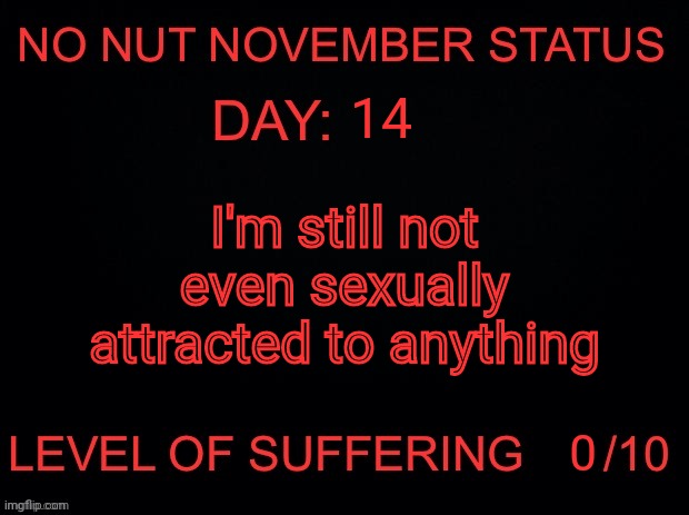 No nut November status | 14; I'm still not even sexually attracted to anything | image tagged in no nut november status | made w/ Imgflip meme maker