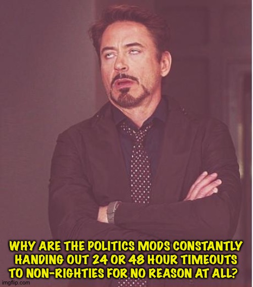 Do they just enjoy doing that, or what? | WHY ARE THE POLITICS MODS CONSTANTLY HANDING OUT 24 OR 48 HOUR TIMEOUTS TO NON-RIGHTIES FOR NO REASON AT ALL? | image tagged in memes,face you make robert downey jr | made w/ Imgflip meme maker