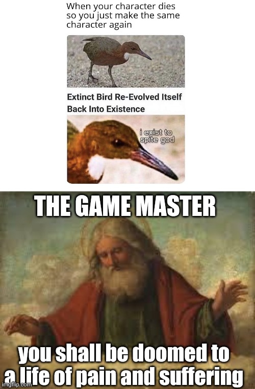How? |  THE GAME MASTER; you shall be doomed to a life of pain and suffering | image tagged in god,dnd | made w/ Imgflip meme maker