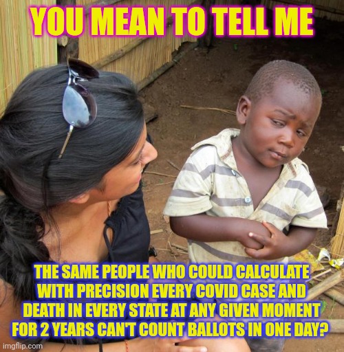 Calculations are only precise when it benefits the power hungry | YOU MEAN TO TELL ME; THE SAME PEOPLE WHO COULD CALCULATE WITH PRECISION EVERY COVID CASE AND DEATH IN EVERY STATE AT ANY GIVEN MOMENT FOR 2 YEARS CAN'T COUNT BALLOTS IN ONE DAY? | image tagged in 3rd world sceptical child | made w/ Imgflip meme maker