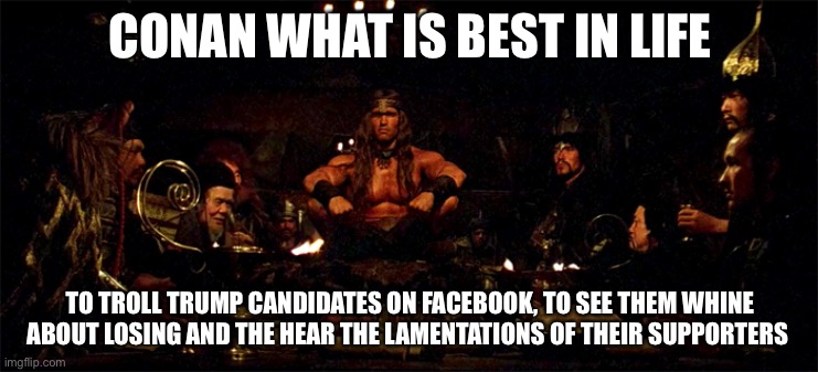2022 Midterms | CONAN WHAT IS BEST IN LIFE; TO TROLL TRUMP CANDIDATES ON FACEBOOK, TO SEE THEM WHINE ABOUT LOSING AND THE HEAR THE LAMENTATIONS OF THEIR SUPPORTERS | image tagged in conan what's best in life | made w/ Imgflip meme maker