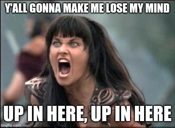 Angry Xena | Y'ALL GONNA MAKE ME LOSE MY MIND; UP IN HERE, UP IN HERE | image tagged in angry xena | made w/ Imgflip meme maker