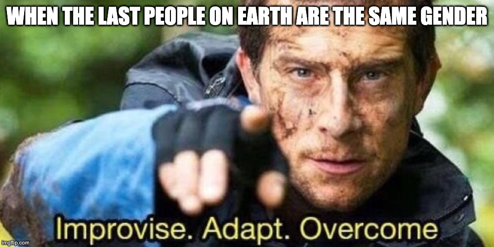 Bro ? | WHEN THE LAST PEOPLE ON EARTH ARE THE SAME GENDER | image tagged in improvise adapt overcome | made w/ Imgflip meme maker