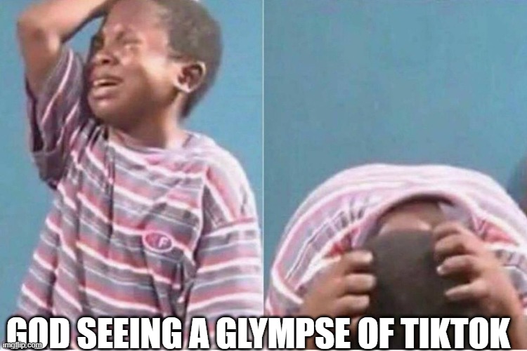 the site kinda sucks | GOD SEEING A GLYMPSE OF TIKTOK | image tagged in crying kid,god | made w/ Imgflip meme maker