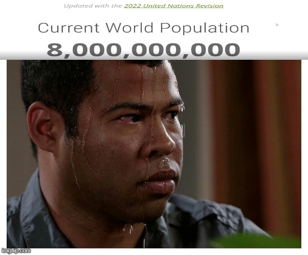 level up: 8 billion people | image tagged in jordan peele sweating | made w/ Imgflip meme maker