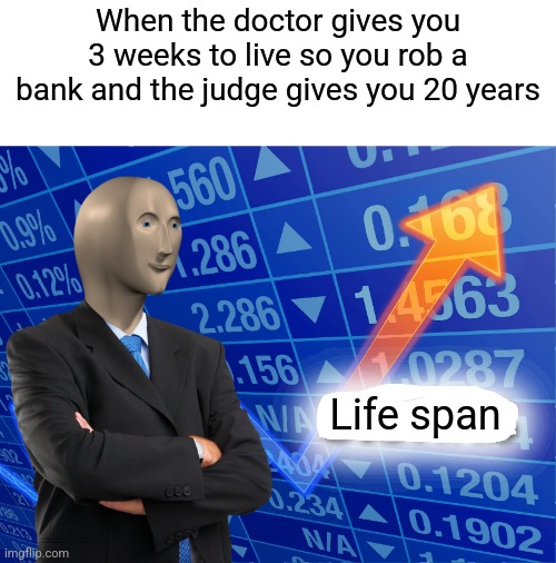 Empty Stonks |  When the doctor gives you 3 weeks to live so you rob a bank and the judge gives you 20 years; Life span | image tagged in empty stonks | made w/ Imgflip meme maker