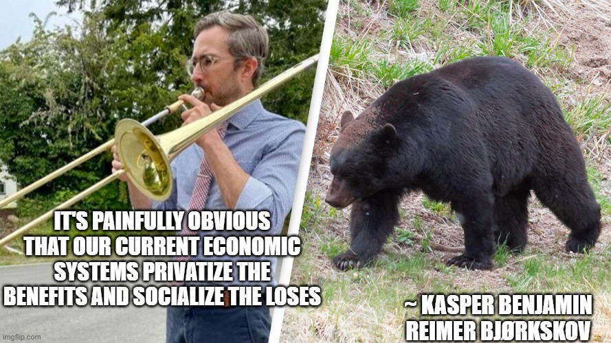 Trombone playing teacher scares off a bear | IT'S PAINFULLY OBVIOUS THAT OUR CURRENT ECONOMIC SYSTEMS PRIVATIZE THE BENEFITS AND SOCIALIZE THE LOSES; ~ KASPER BENJAMIN REIMER BJØRKSKOV | image tagged in music and the bear | made w/ Imgflip meme maker