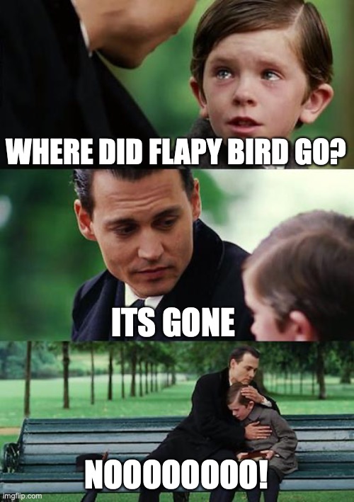 Finding Neverland | WHERE DID FLAPY BIRD GO? ITS GONE; NOOOOOOOO! | image tagged in memes,finding neverland | made w/ Imgflip meme maker