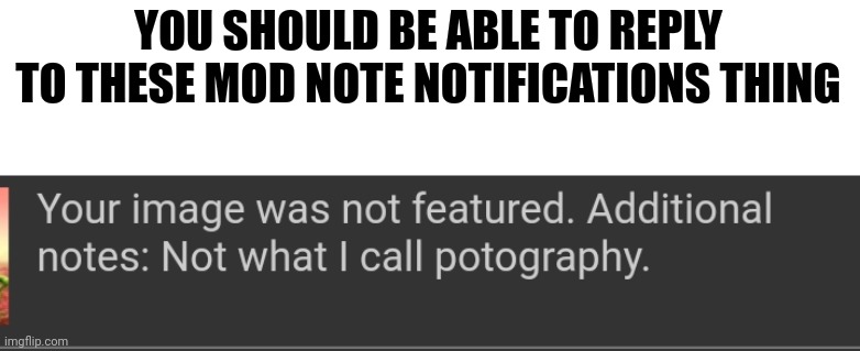 YOU SHOULD BE ABLE TO REPLY TO THESE MOD NOTE NOTIFICATIONS THING | image tagged in memes | made w/ Imgflip meme maker