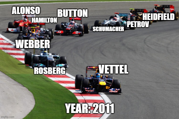 In case u don't know who they are | ALONSO; BUTTON; HEIDFIELD; HAMILTON; PETROV; SCHUMACHER; WEBBER; VETTEL; ROSBERG; YEAR: 2011 | image tagged in formula 1 | made w/ Imgflip meme maker
