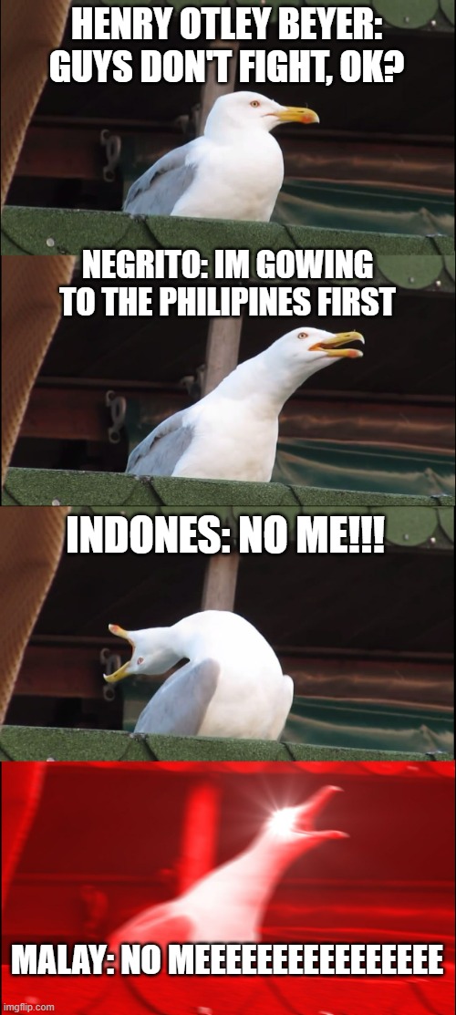 Inhaling Seagull Meme | HENRY OTLEY BEYER: GUYS DON'T FIGHT, OK? NEGRITO: IM GOWING TO THE PHILIPINES FIRST; INDONES: NO ME!!! MALAY: NO MEEEEEEEEEEEEEEEE | image tagged in memes,inhaling seagull | made w/ Imgflip meme maker