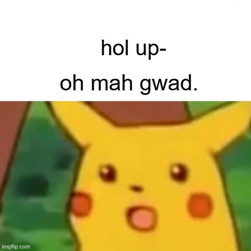 hol up- oh mah gwad. | image tagged in memes,surprised pikachu | made w/ Imgflip meme maker