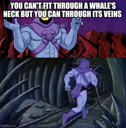 Skeletor says something then runs away |  YOU CAN'T FIT THROUGH A WHALE'S NECK BUT YOU CAN THROUGH ITS VEINS | image tagged in skeletor says something then runs away,whale,heart,neck,whales,fun fact | made w/ Imgflip meme maker
