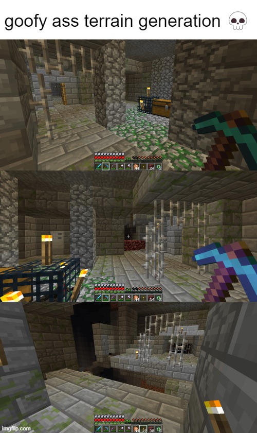 chernobyl 1984 must've happened here. a mineshaft, a dungeon, AND a stronghold generated in the same place | goofy ass terrain generation 💀 | made w/ Imgflip meme maker