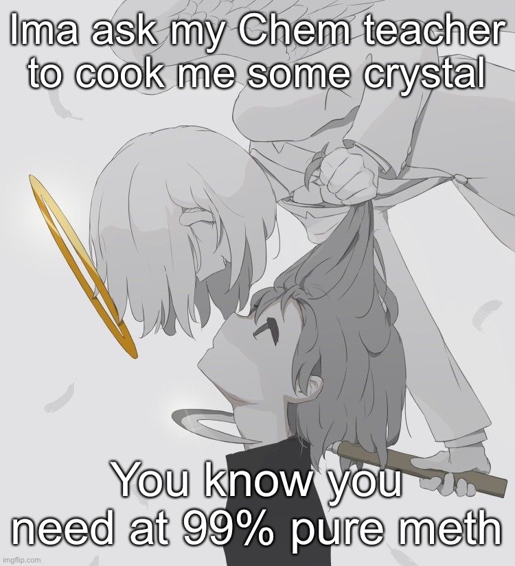 Avogado6 depression | Ima ask my Chem teacher to cook me some crystal; You know you need at 99% pure meth | image tagged in avogado6 depression | made w/ Imgflip meme maker