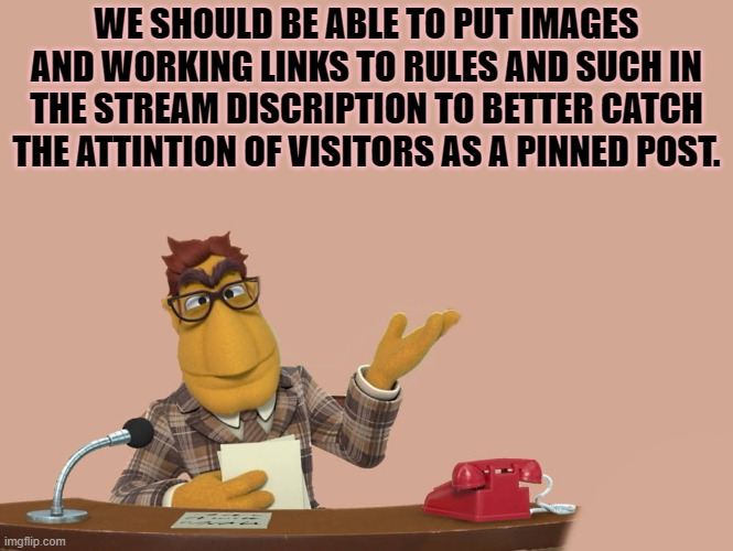 images and links in the description of a stream. | WE SHOULD BE ABLE TO PUT IMAGES AND WORKING LINKS TO RULES AND SUCH IN THE STREAM DISCRIPTION TO BETTER CATCH THE ATTINTION OF VISITORS AS A PINNED POST. | image tagged in news,pinned,kewlew | made w/ Imgflip meme maker