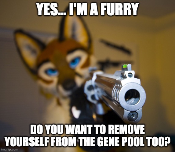 nice to meet you, I'm Jeff, I'm a furry | YES... I'M A FURRY; DO YOU WANT TO REMOVE YOURSELF FROM THE GENE POOL TOO? | image tagged in furry with gun,gene pool,furry | made w/ Imgflip meme maker