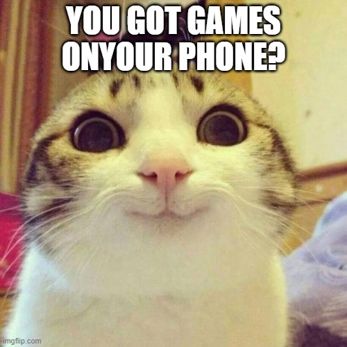 pov: me before i had a phone | YOU GOT GAMES ONYOUR PHONE? | image tagged in memes,smiling cat | made w/ Imgflip meme maker