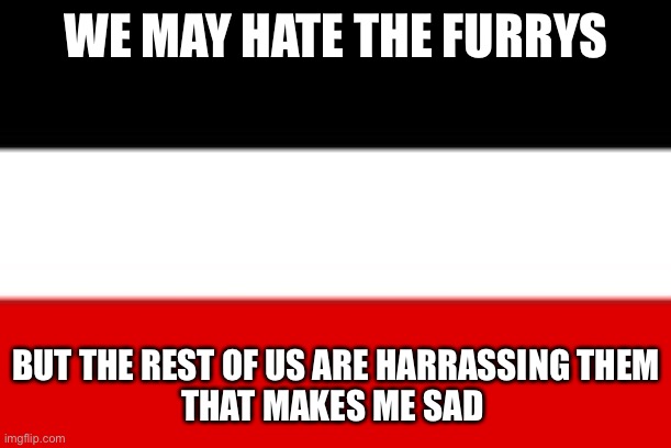 Hey (YeetEr: no we dont at least not me) | WE MAY HATE THE FURRYS; BUT THE REST OF US ARE HARRASSING THEM
THAT MAKES ME SAD | image tagged in protect,the,furrys | made w/ Imgflip meme maker