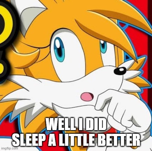 WELL I DID SLEEP A LITTLE BETTER | image tagged in tailsko | made w/ Imgflip meme maker