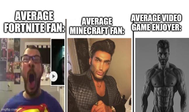I might be wrong | AVERAGE MINECRAFT FAN:; AVERAGE FORTNITE FAN:; AVERAGE VIDEO GAME ENJOYER: | image tagged in nerd vs chad vs giga chad,games | made w/ Imgflip meme maker