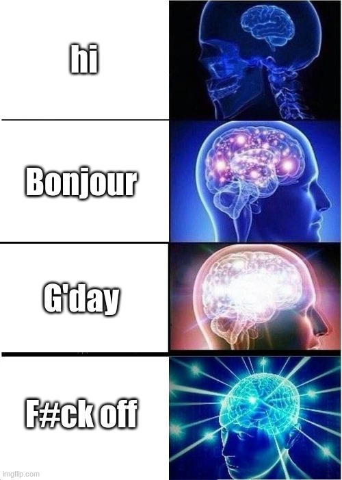 Isn't it true | hi; Bonjour; G'day; F#ck off | image tagged in memes,expanding brain | made w/ Imgflip meme maker