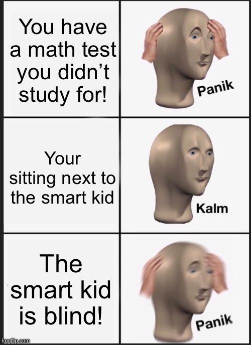 He he | You have a math test you didn’t study for! Your sitting next to the smart kid; The smart kid is blind! | image tagged in memes,panik kalm panik | made w/ Imgflip meme maker