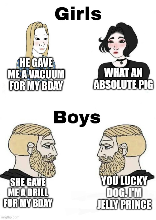 WHAT AN ABSOLUTE PIG; HE GAVE ME A VACUUM FOR MY BDAY; SHE GAVE ME A DRILL FOR MY BDAY; YOU LUCKY DOG. I'M JELLY PRINCE | image tagged in funny memes | made w/ Imgflip meme maker