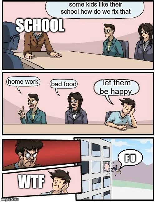 Boardroom Meeting Suggestion Meme | some kids like their school how do we fix that; SCHOOL; home work; let them be happy; bad food; F U; WTF | image tagged in memes,boardroom meeting suggestion | made w/ Imgflip meme maker