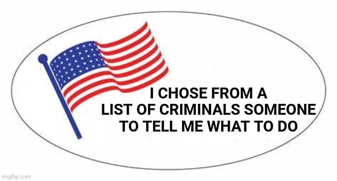 I Voted sticker | I CHOSE FROM A LIST OF CRIMINALS SOMEONE TO TELL ME WHAT TO DO | image tagged in i voted sticker | made w/ Imgflip meme maker