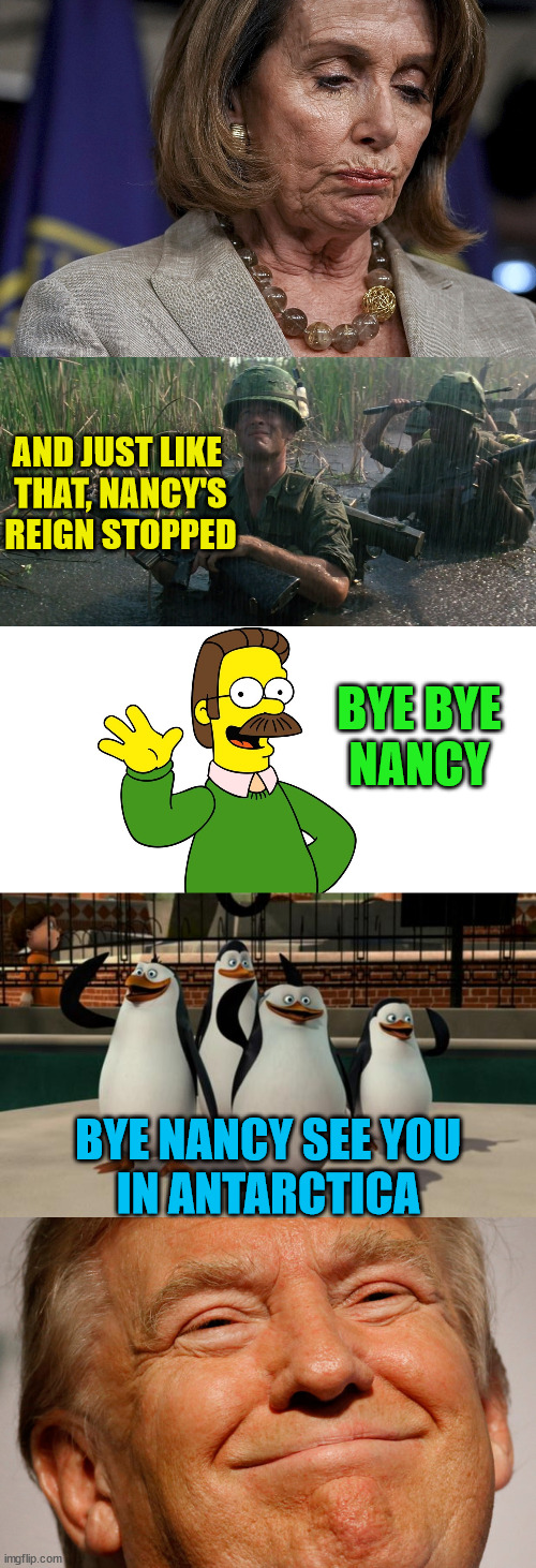 Bye Bye Nancy | AND JUST LIKE 
THAT, NANCY'S REIGN STOPPED; BYE BYE
NANCY; BYE NANCY SEE YOU
IN ANTARCTICA | image tagged in pelosi,forest gump waving,ned flanders wave,just smile and wave boys,trump smile,memes | made w/ Imgflip meme maker